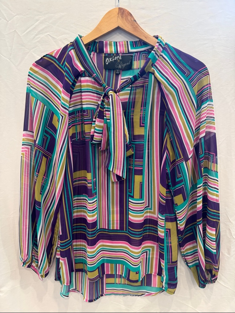 Oxford & Regent Women’s Sheer Multicolor Stripe Tie-Neck Blouse, Size S